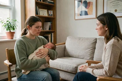 Jeune mère tenant son nouveau-né lors d'une séance d'accompagnement psychologique postnatale dans un cabinet thérapeutique chaleureux