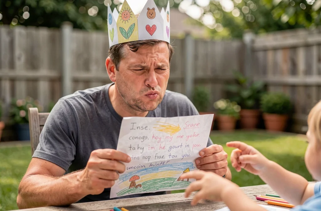 Papa portant une couronne en papier faite maison et lisant un poème rigolo pour la fête des pères dans le jardin