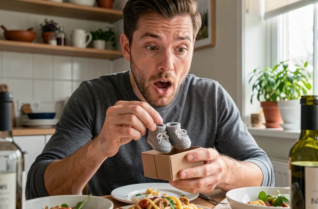 Papa découvrant des chaussons de bébé dans un cadeau lors d'une annonce de grossesse surprise au dîner