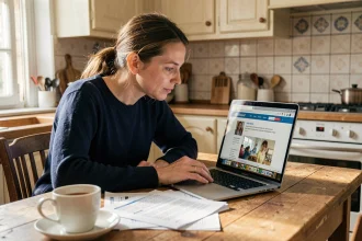 Une mère de famille consulte le site Maficheclasse.com sur son ordinateur portable dans sa cuisine, évaluant la plateforme scolaire en tant que parent d'élève
