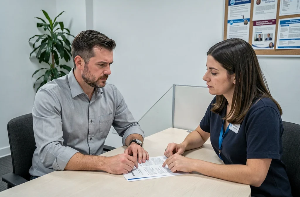 Parent isolé en rendez-vous avec un conseiller administratif pour comprendre son statut fiscal