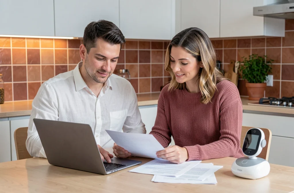 Couple de jeunes parents consultant les documents relatifs aux droits du congé paternité dans leur cuisine