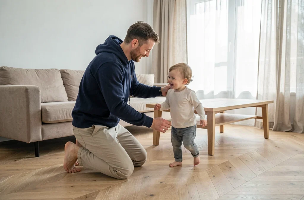 Père en congé paternité aidant son enfant à marcher dans un appartement moderne et lumineux
