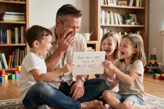 Papa qui rit aux éclats en lisant une carte humoristique de la fête des pères faite par ses enfants dans le salon