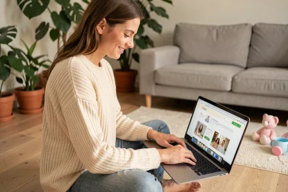 Jeune femme personnalisant sa liste de naissance sur un site web depuis son salon confortable