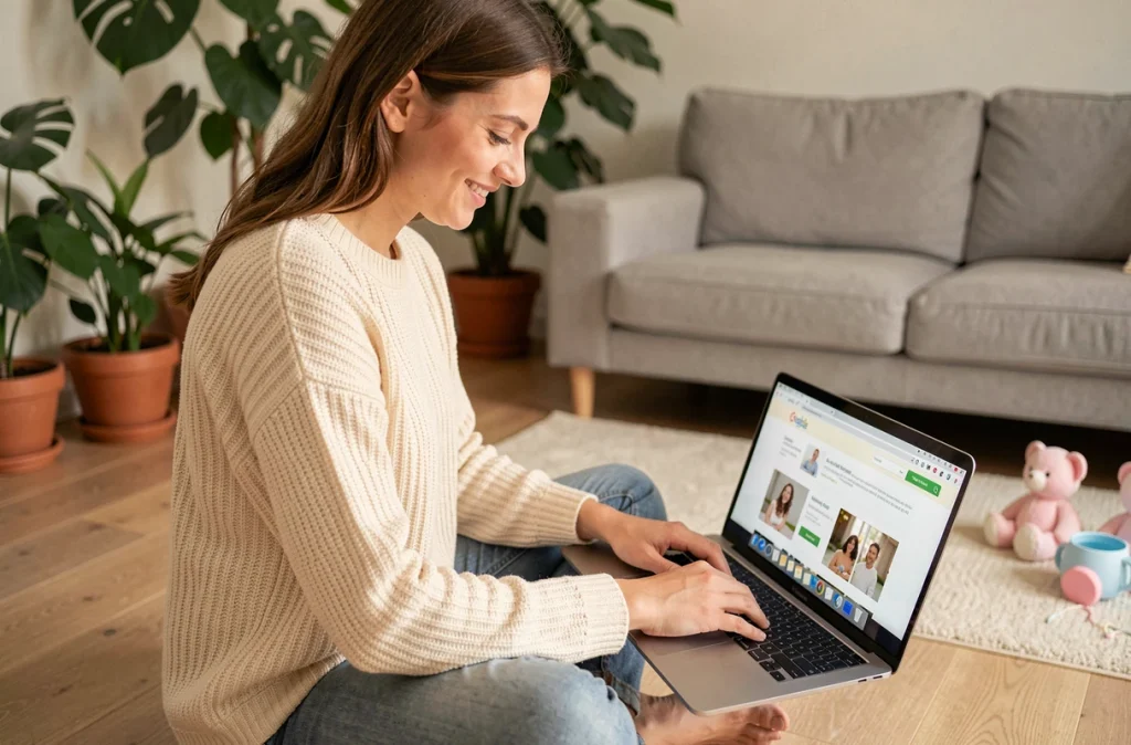 Jeune femme personnalisant sa liste de naissance sur un site web depuis son salon confortable
