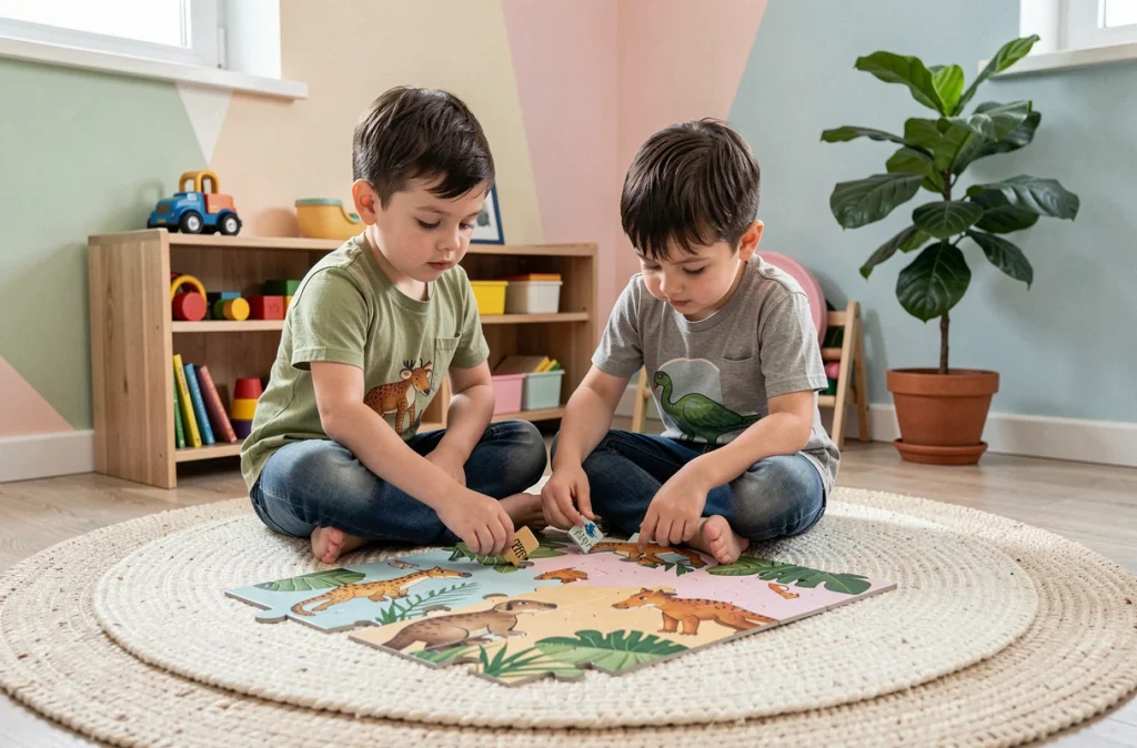Enfant de 4 ans assemblant un puzzle en carton représentant des animaux de la jungle, activité éducative sans écran en salle de jeux