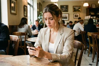Jeune femme pensive dans un café parisien consultant son téléphone, illustrant la propagation des rumeurs sur les réseaux sociaux