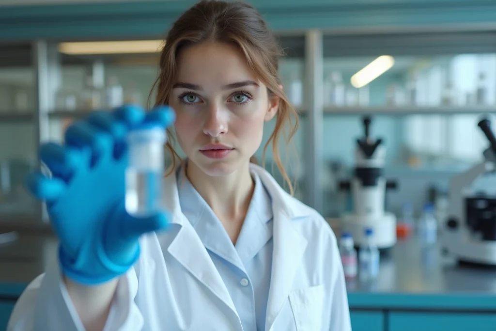 Scientifique en blouse blanche dans un laboratoire tenant un flacon de sel dissous dans l'eau, symbolisant l'analyse scientifique des tests de grossesse populaires