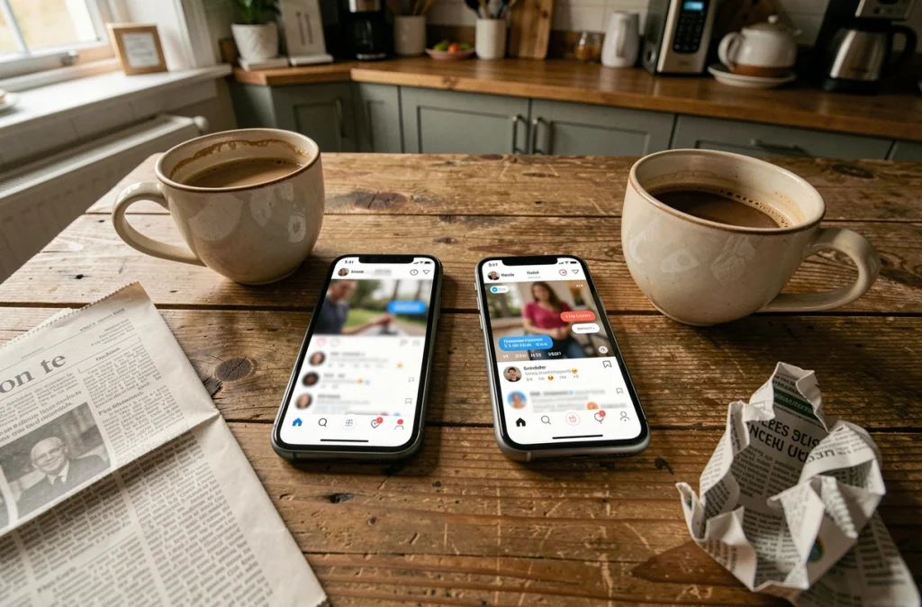 Deux smartphones et un journal froissé sur une table en bois illustrant la confusion entre rumeurs et réalité dans les médias