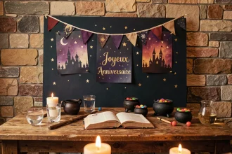 Table d'anniversaire décorée sur le thème sorcier avec affiches imprimées Harry Potter, baguettes et accessoires magiques