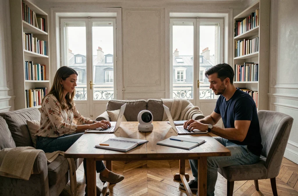 Couple travaillant à domicile dans leur salon parisien avec un babyphone posé entre eux, représentant la réorganisation familiale liée au télétravail