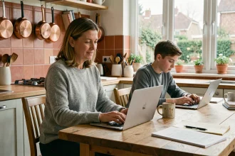 Mère en télétravail à la table de cuisine avec son fils adolescent faisant ses devoirs, illustrant la cohabitation familiale au quotidien