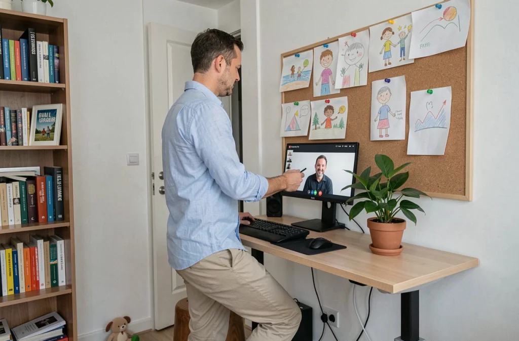 Père en télétravail dans un bureau à domicile avec des dessins d'enfant au mur, symbolisant l'équilibre entre vie professionnelle et familiale