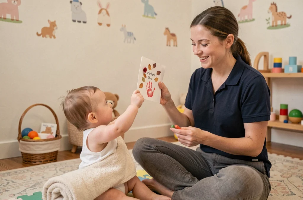 Thérapeute tenant une carte fête des mères artisanale réalisée avec un bébé à besoins spécifiques lors d'une séance adaptée en crèche