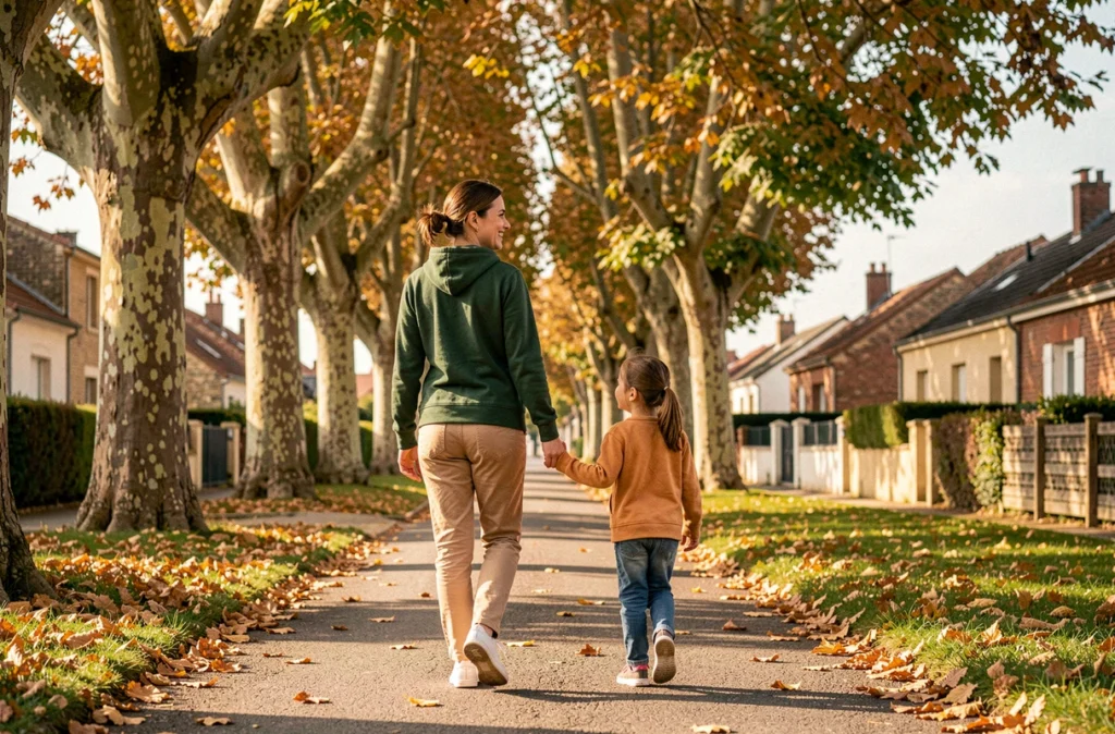 Babysitter Amarid se promenant avec une enfant sur un chemin arboré à Artigues-près-Bordeaux