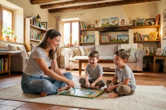 Babysitter jouant avec deux enfants dans un salon chaleureux en Nouvelle-Aquitaine
