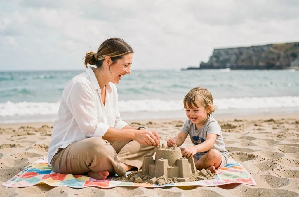 Babysitter Babysits jouant avec une enfant sur la plage de Biarritz au bord de l'Atlantique