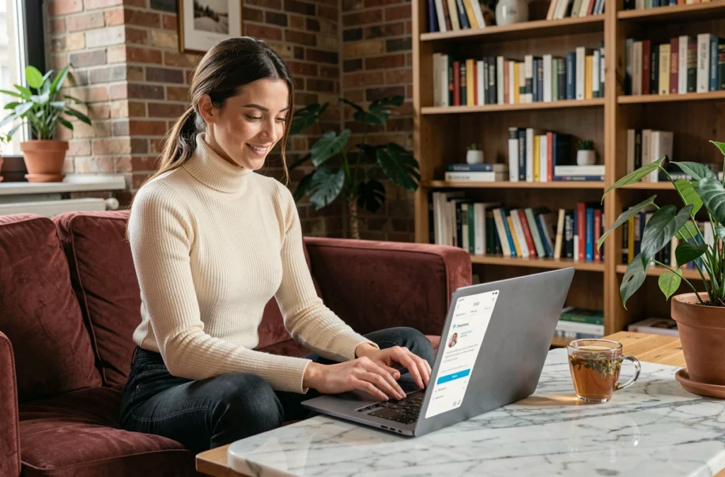 Jeune femme utilisant l'application Babysittor sur un laptop dans un appartement à Bordeaux