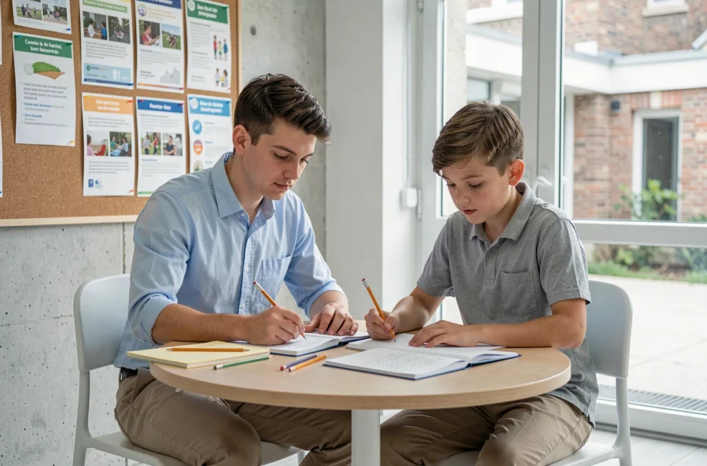 Babysitter du CDIJ aidant un enfant à faire ses devoirs dans un centre jeunesse à La Rochelle