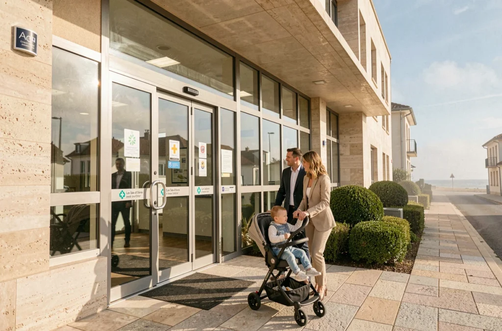 Façade du Centre Hospitalier Côte de Lumière aux Sables-d'Olonne avec famille à l'entrée