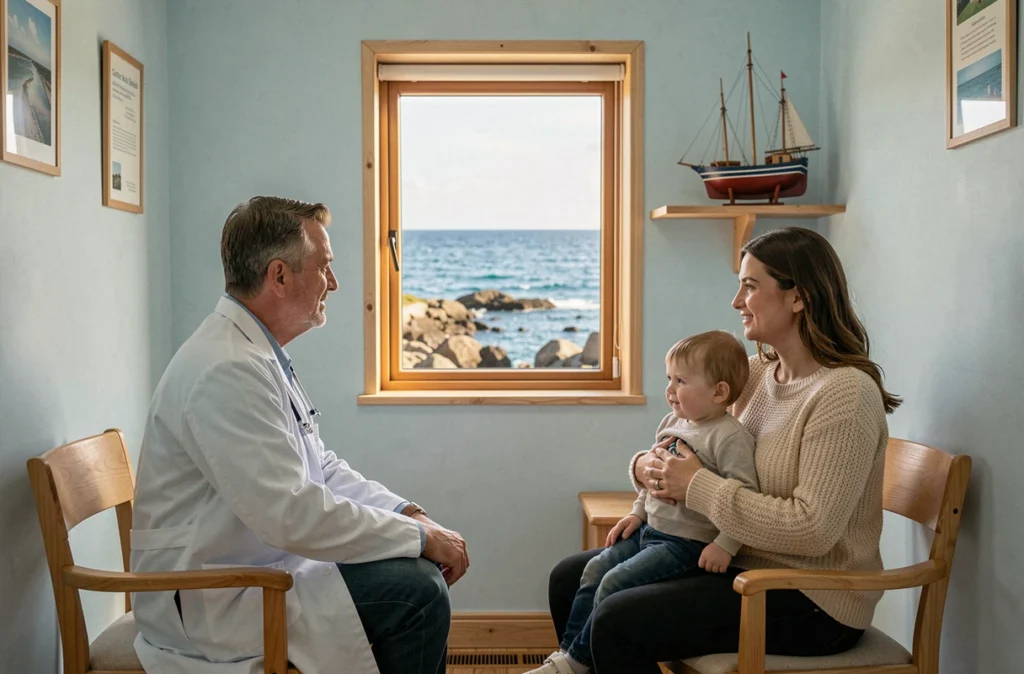 Consultation pédiatrique au centre de santé de l'Hôpital Dumonté sur l'Île-d'Yeu avec vue sur l'océan Atlantique