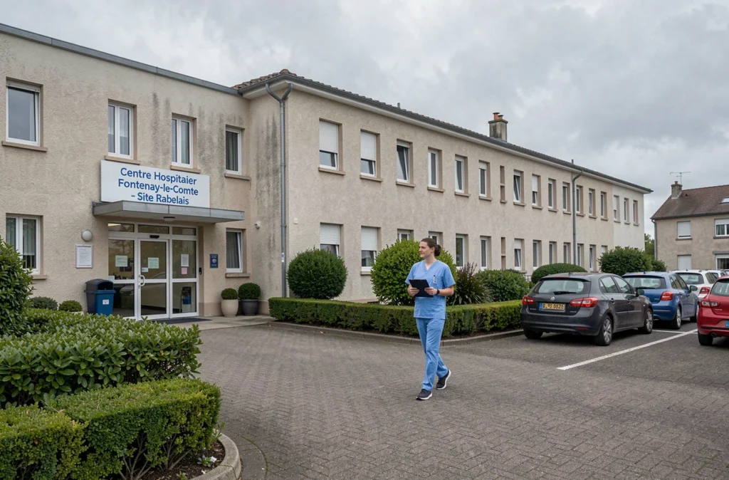 Façade du Centre Hospitalier Fontenay-le-Comte site Rabelais avec personnel soignant à l'entrée