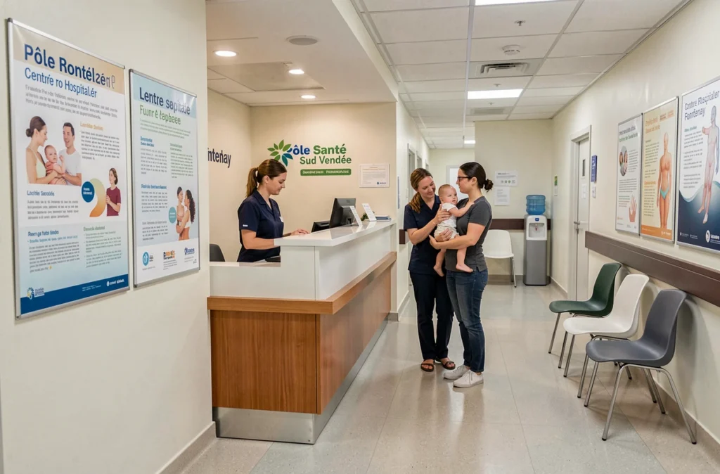 Couloir intérieur du Pôle Santé Sud Vendée au Centre Hospitalier de Fontenay avec réception et patients