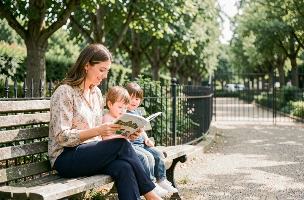 Babysitter de La Compagnie des Familles lisant aux enfants dans un parc de Limoges