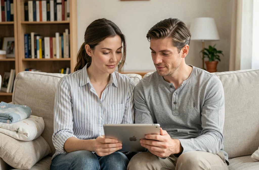 Couple de jeunes parents consultant ensemble les aides CAF et les différences entre PreParE et autres dispositifs