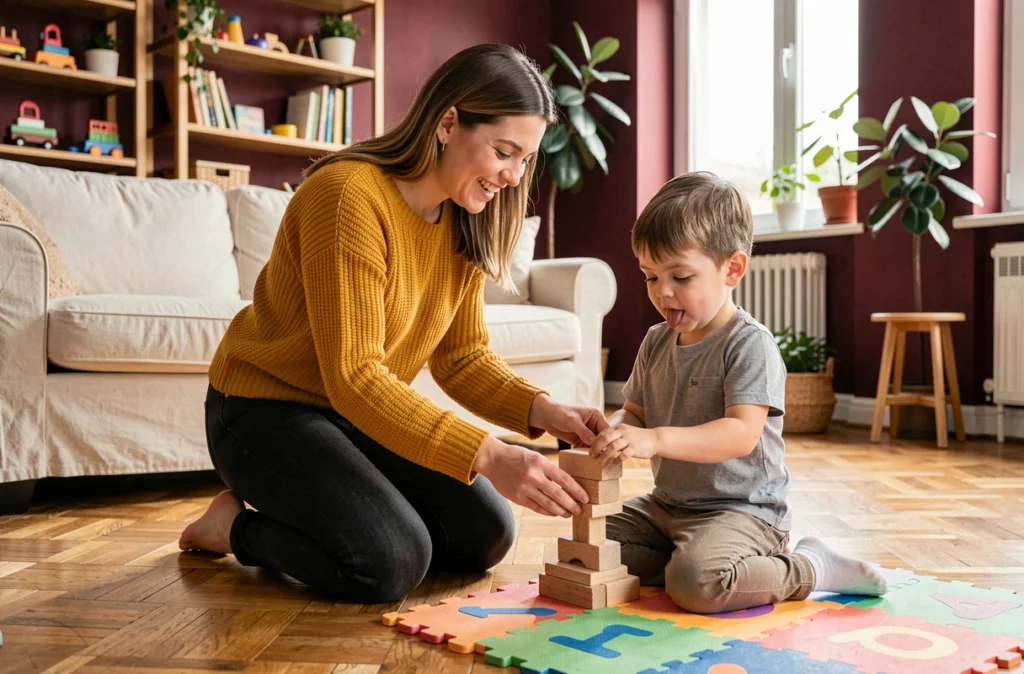 Babysitter Do Mi Fa jouant avec un enfant sur un tapis dans un appartement à Bordeaux