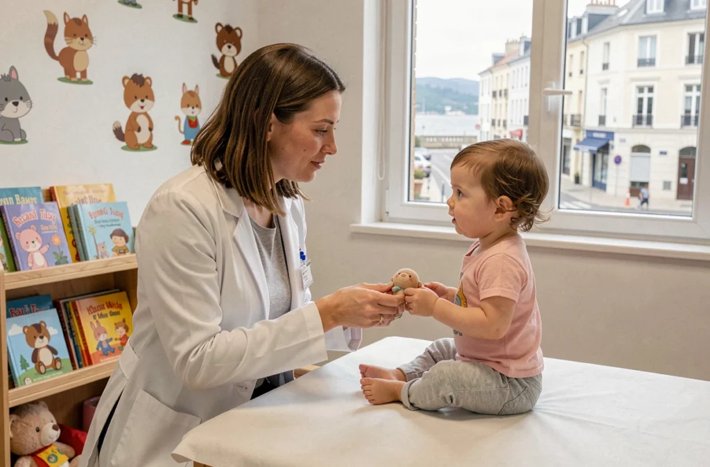 Pédiatre Claire Allaire en interaction bienveillante avec un enfant dans son cabinet médical aux Sables-d'Olonne
