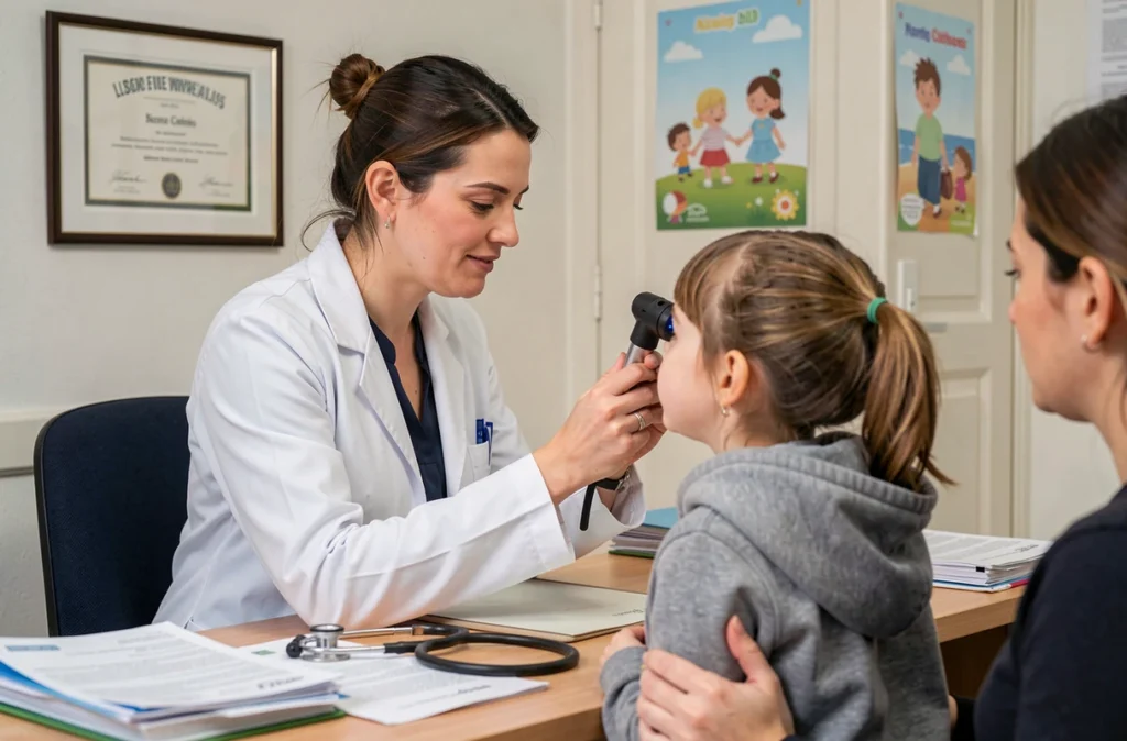 Pédiatre femme en consultation privée examinant un enfant avec un otoscope dans son cabinet aux Sables-d'Olonne