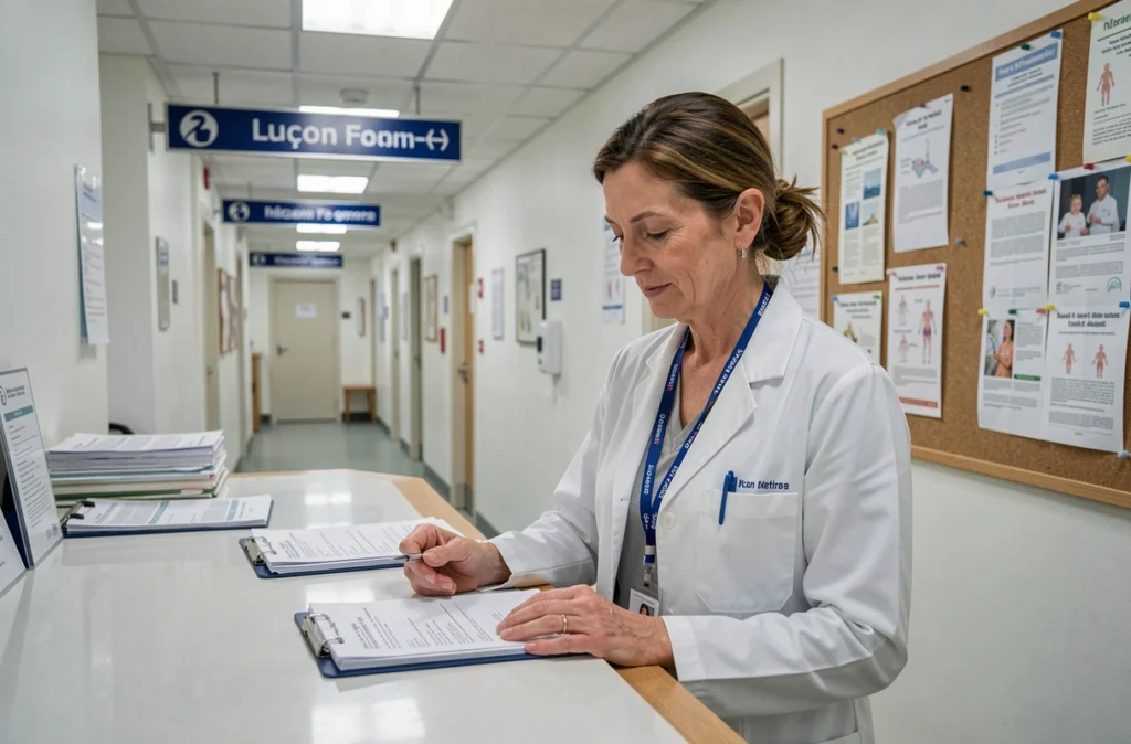 Pédiatre Nathalie Guilley consultant un dossier médical au CHD site de Luçon dans un couloir hospitalier