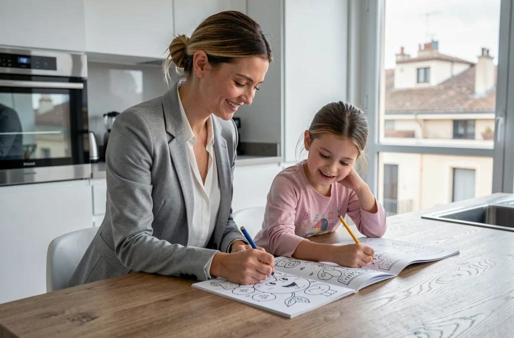 Garde d'enfant Family Sphere aidant une fillette dans un appartement moderne à Bordeaux