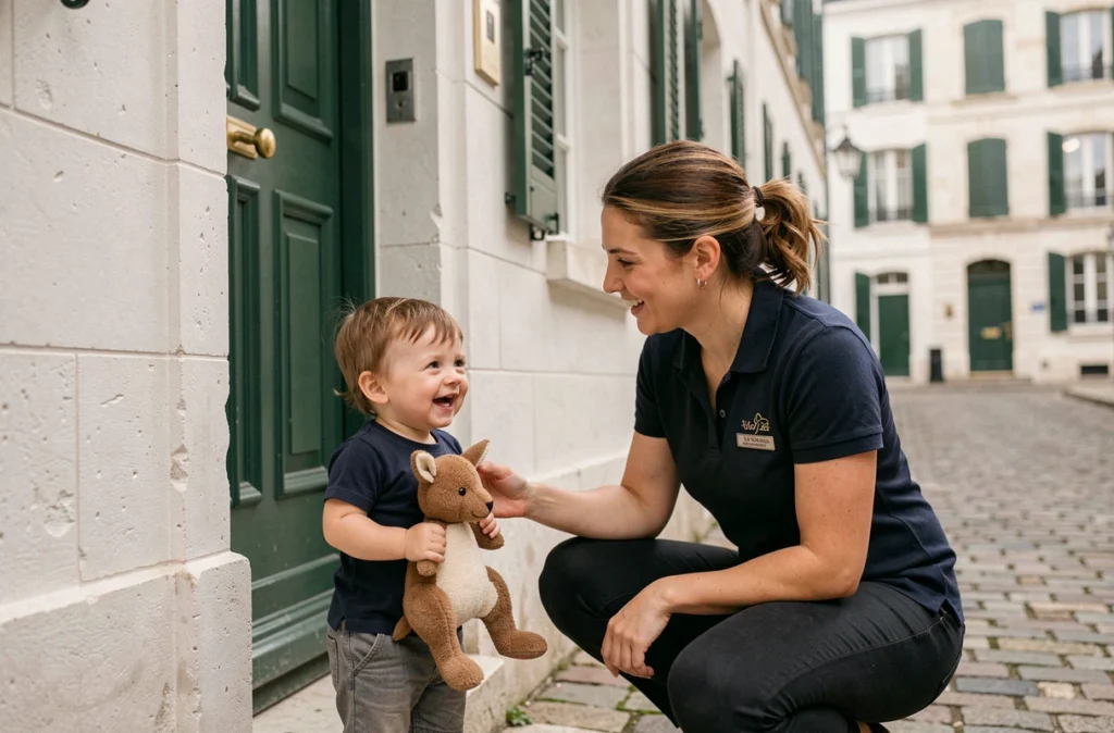 Babysitter Kangourou Kids accueillant un enfant devant une maison à La Rochelle