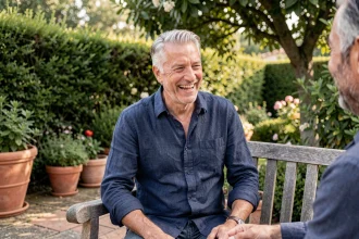 Marc Toesca dans un jardin privé familial, souriant et détendu lors d'un moment de convivialité en famille