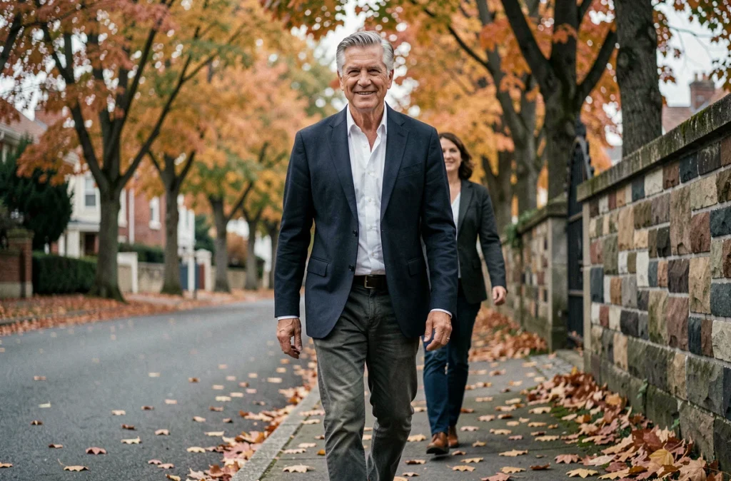 Personnalité télévisuelle marchant dans une rue arborée en automne avec un proche, dans un cadre familial et intimiste