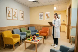 Salle d'attente pédiatrique chaleureuse en Vendée avec une pédiatre souriante et des jouets colorés pour enfants