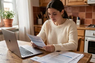 Jeune mère consultant un formulaire CAF sur son ordinateur portable pour simuler ses congés parentaux