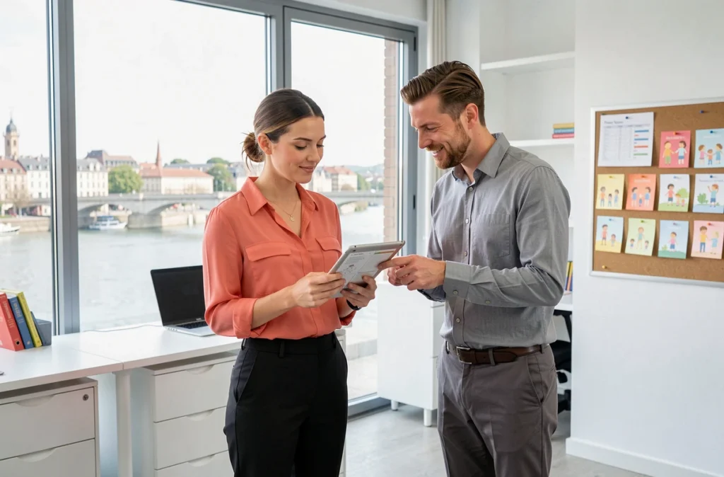 Conseillère de l'agence OPALI consultant un planning famille dans un bureau moderne à Bordeaux
