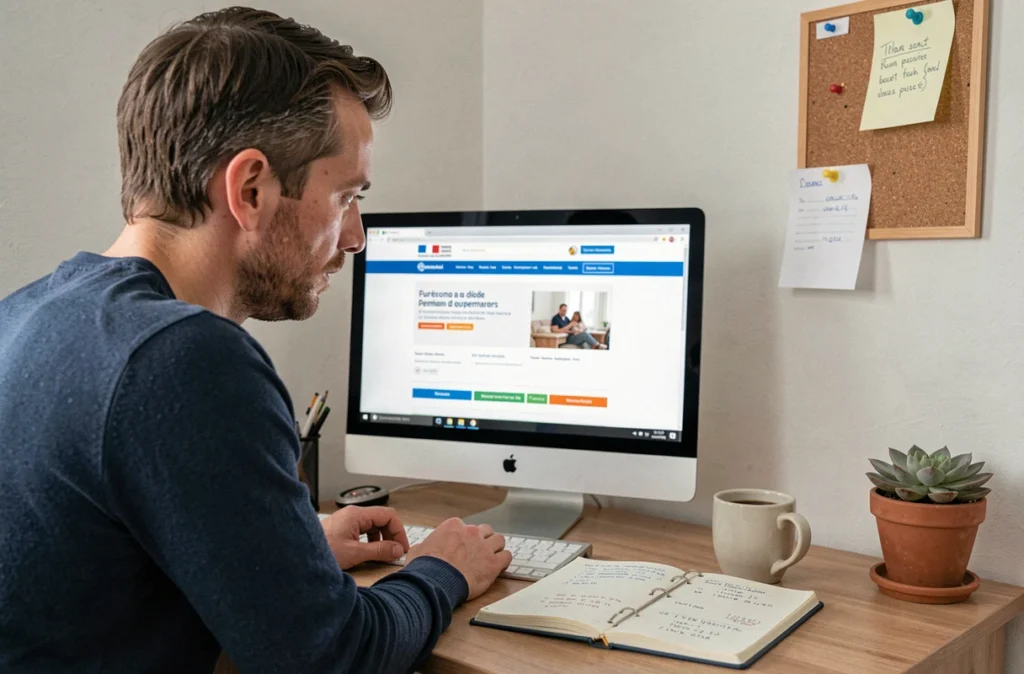 Père de famille effectuant une simulation de congé parental sur le site CAF depuis son bureau à domicile