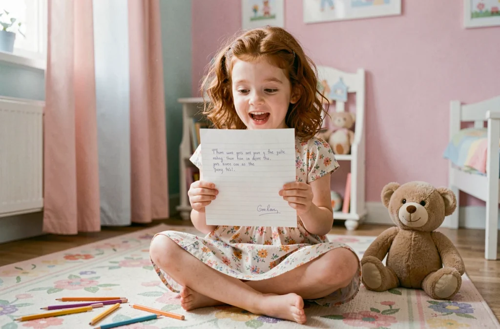 Jeune fille lisant avec émotion une lettre manuscrite de sa marraine dans sa chambre d'enfant décorée avec soin
