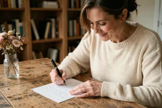Femme écrivant une lettre manuscrite à sa filleule avec un stylo plume, assise à un bureau en bois dans un intérieur chaleureux