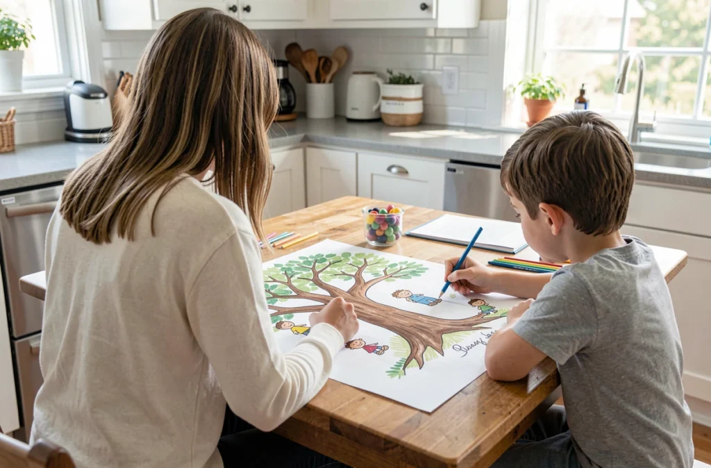 Parent et enfant dessinant un arbre généalogique sur une grande feuille