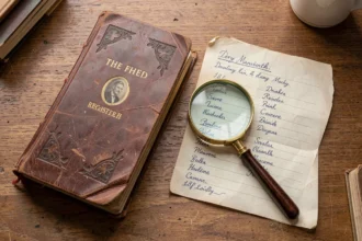Registre de famille ancien, loupe et liste de noms sur un bureau en bois