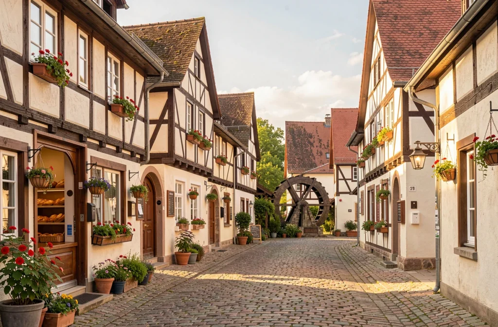 Rue d'un village allemand à colombages avec une roue de moulin